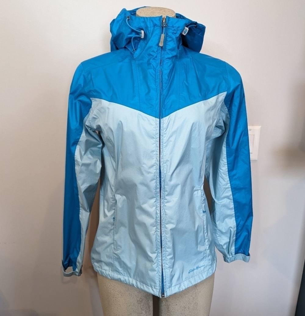 Eddie Bauer Womens Blue Hooded Rain Jacket, Size S
